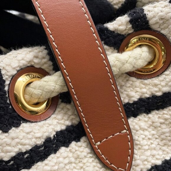 CELINE Teen Drawstring Handbag Cotton/Calf Leather Brown/White/Black 196532E - Picture 6 of 11